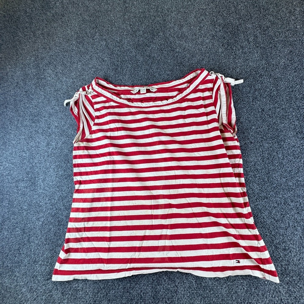 Tommy Hilfiger Blouse Top Womens XL Red White Striped Round Neck Cotton Casual